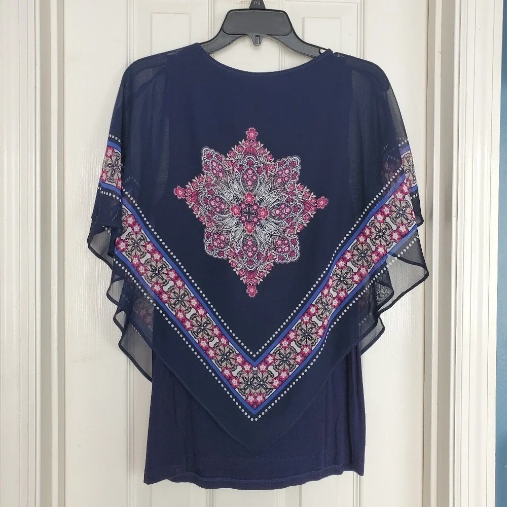 Navy Blue Sheer Overlay Multicolored Medallion Handkerchief Hem Blouse Lined Med - Picture 2 of 3